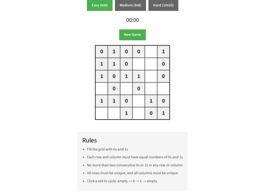 Binary Puzzle (Takuzu) - Logic Number Game - Free Online Puzzle Game